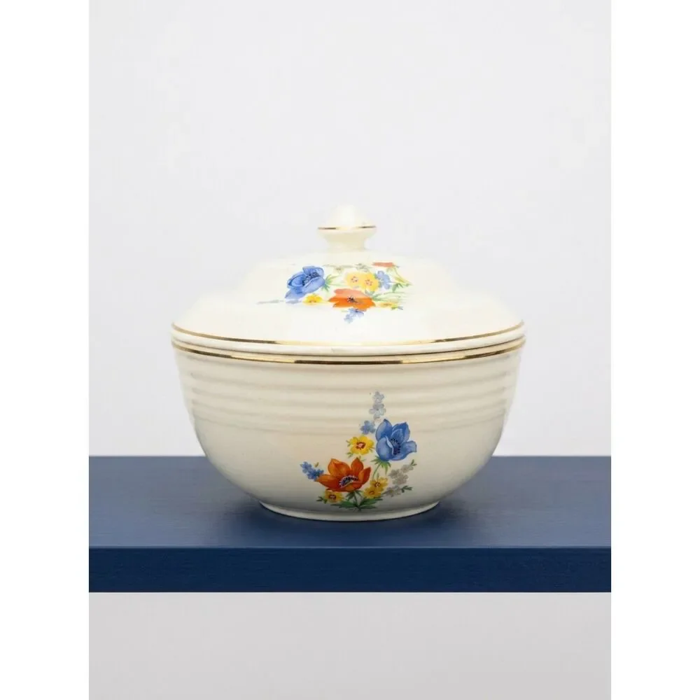 Midcentury Cronin China Co Lidded Casserole Dish Ivory Floral Ovenware Bowl
